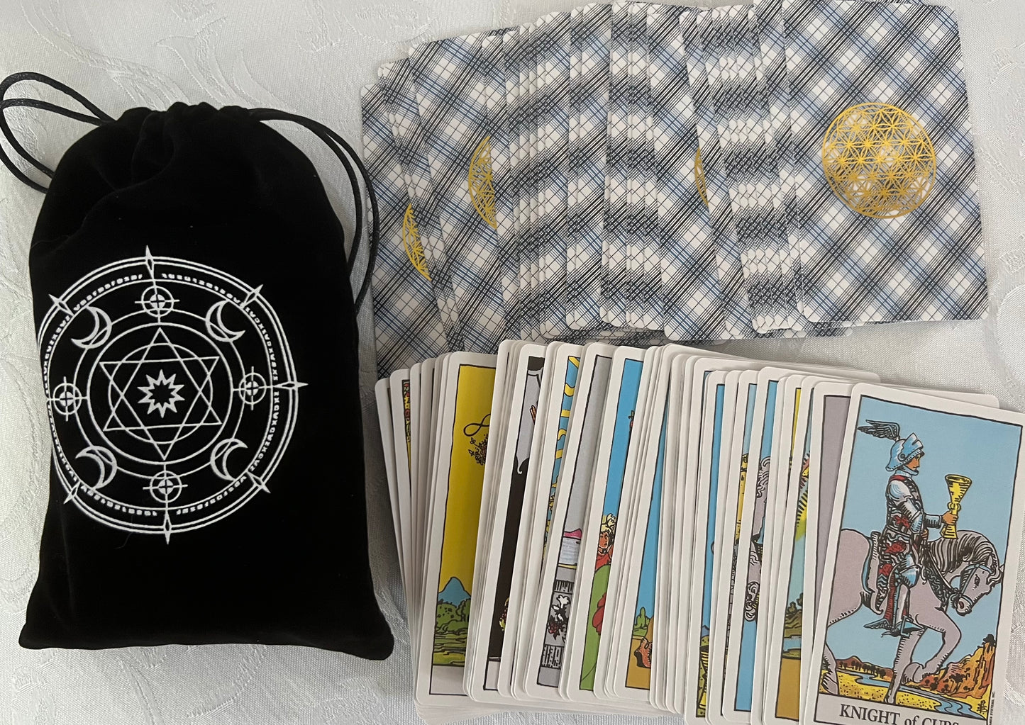 Tarotkarten-Set mit Samtbeutel – Rider-Waite Design mit; Blume des Lebens Rückseite
