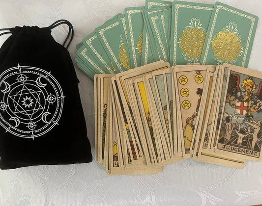 Tarotkarten-Set mit Samtbeutel – Rider-Waite Design mit Blume des Lebens Rückseite /antikes Design