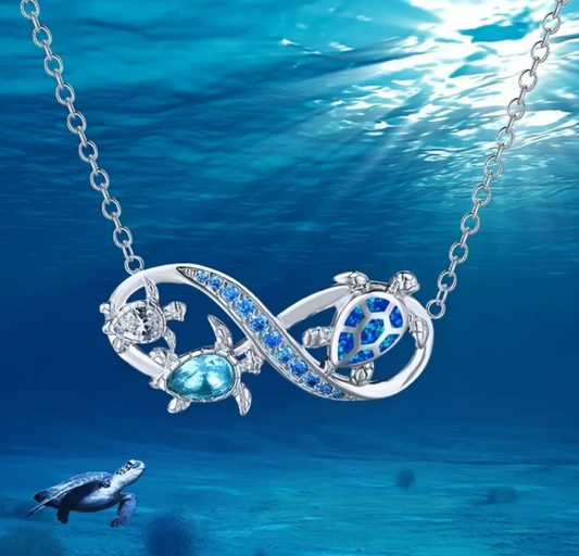 Unendlichkeit der Weisheit – Spirituelle Schildkrötenkette mit blauen Kristallen